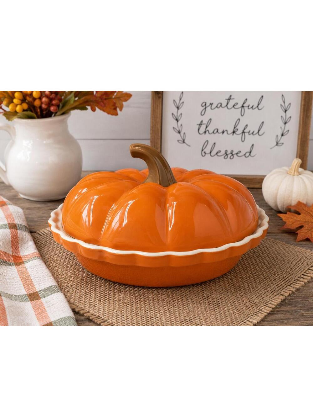 Ceramic Pumpkin Covered Pie Dish Bakeware Orange Fall Thanksgiving Decor 9"